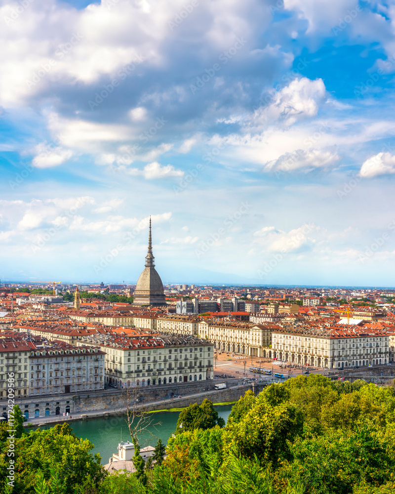 Obraz premium Turin aerial view from Monte dei Cappuccini with Mole Antonelliana, Italy