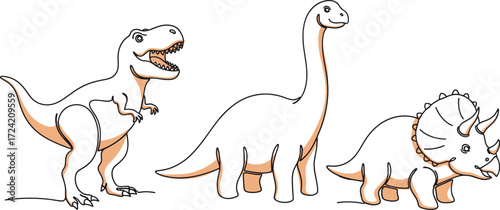 Dinosaur illustration set single continuous line art. Tyrannosaurus Rex, Triceratops, Brontosaurus, Stegosaurus, Pterodactyl Minimalist animal outline drawing for coloring books, logos, kids designs