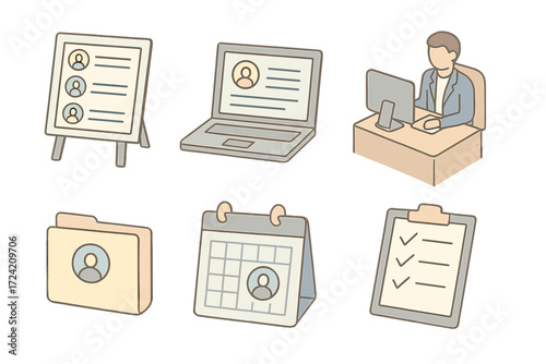Recruitment Workflow Icons. Isometric vector illustration set of recruitment workflow icons: job posting board, online application