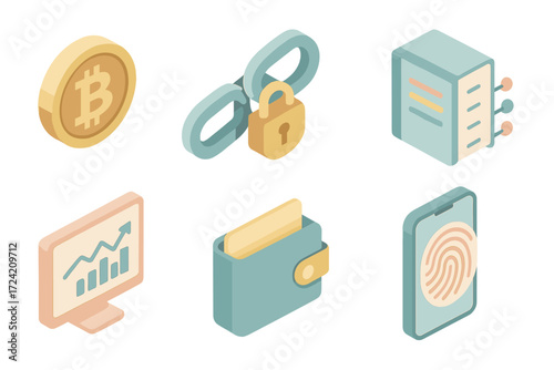 Fintech Icon Set. Isometric vector illustration set of fintech icons: cryptocurrency coin, blockchain secure chain, digital ledger