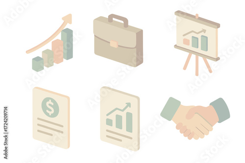 Corporate Finance Icons. Isometric vector illustration set of corporate finance icons: bar graph with upward arrow, business