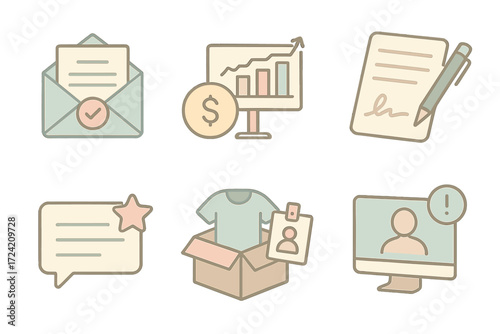 Job Offer Icons. Isometric vector illustration set of job offer icons: offer letter envelope, salary negotiation chart, signed