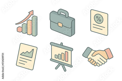 Corporate Finance Icons. Isometric vector illustration set of corporate finance icons: bar graph with upward arrow, business