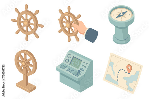 Nautical Navigation Icons. Isometric vector illustration set Nautical Navigation: shipwheel helm steering column, captain’s hand