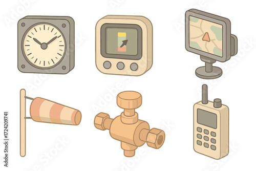 Balloon Flight Instruments. Isometric vector illustration set Balloon Flight Instruments: altimeter dial, variometer display, GPS
