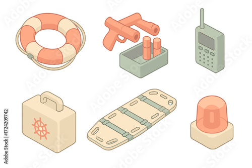 Coastal Safety Gear Icons. Isometric vector illustration set Coastal Safety Gear: lifebuoy ring, flare gun and signal kit,