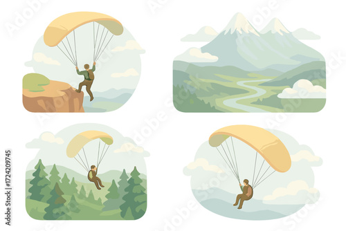 Mountain Paragliding Adventure. Isometric vector illustration set Mountain Paragliding Scene: glider launching from cliff,