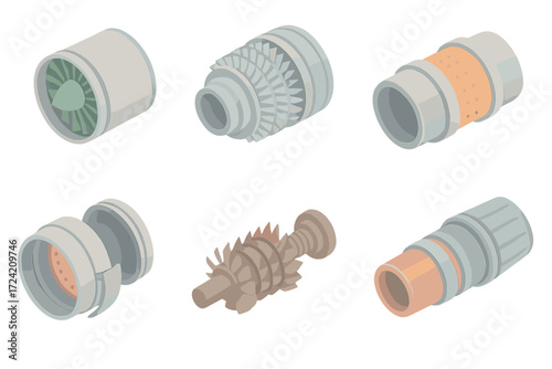 Jet Engine Components. Isometric vector illustration set Jet Engine Components: turbofan inlet cone, axial compressor blades,
