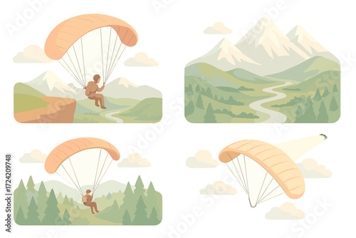 Mountain Paragliding Adventure. Isometric vector illustration set Mountain Paragliding Scene: glider launching from cliff,