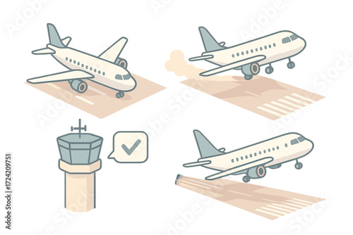 Aircraft Takeoff Sequence. Isometric vector illustration set Takeoff Sequences: aircraft accelerating on runway, nose gear lifting