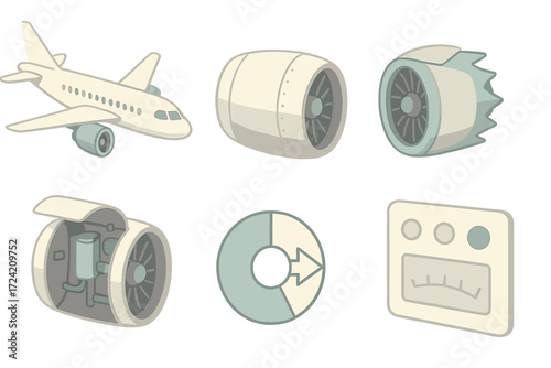 Jet Engine Hardware. Isometric vector illustration set Commercial Jet Features: large turbofan under airliner wing, nacelle cover