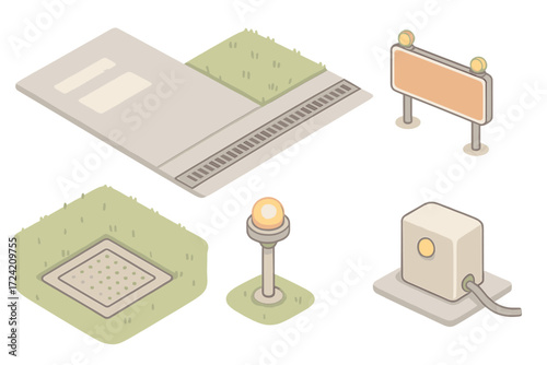 Runway Environment Details. Isometric vector illustration set Runway Environment Details: painted concrete surface texture, grassy