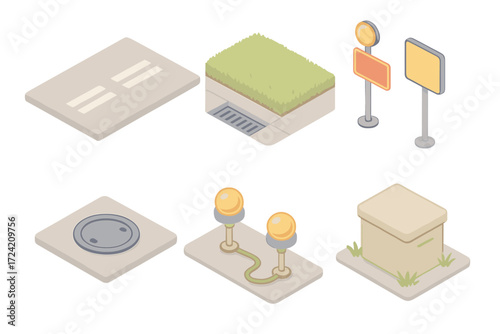 Runway Environment Details. Isometric vector illustration set Runway Environment Details: painted concrete surface texture, grassy