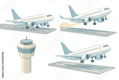 Aircraft Takeoff Sequence. Isometric vector illustration set Takeoff Sequences: aircraft accelerating on runway, nose gear lifting