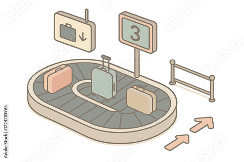 Baggage Claim Icons. Isometric vector illustration set Baggage Claim Area: rotating conveyor belt, suitcases in motion, baggage