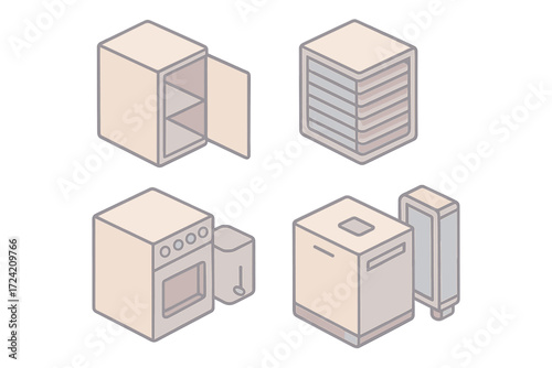 Isometric Airplane Galley Icons. Isometric vector illustration set Airplane Galley Area: storage compartments, meal tray stacks,