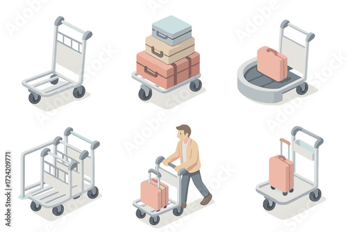Airport Trolley Icons. Isometric vector illustration set Airport Trolleys and Carts: empty baggage cart, stacked suitcases on