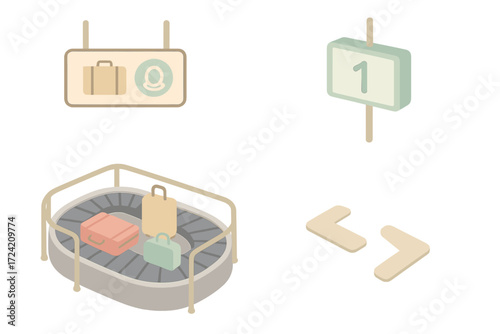 Baggage Claim Icons. Isometric vector illustration set Baggage Claim Area: rotating conveyor belt, suitcases in motion, baggage
