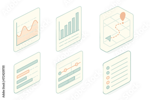 Flight Data Visualization. Isometric vector illustration set Flight Recorder Data Parameters: altitude over time graph, airspeed