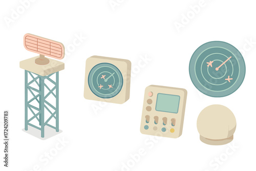 Air Traffic Control Icons. Isometric vector illustration set Air Traffic Control Radar Systems: rotating radar dish on tower,