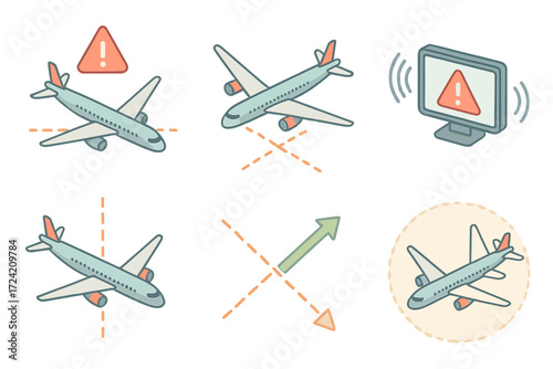 ATC Conflict Detection Icons. Isometric vector illustration set ATC Conflict Detection: separation alert notification, aircraft
