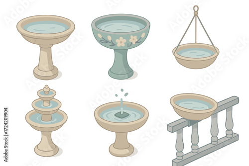 Birdbath Styles Collection. Isometric vector illustration set Birdbath Features and Styles: shallow stone birdbath on pedestal,