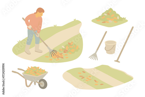 Gardening in Pastels. Isometric vector illustration set Raking in the Garden: person raking near path, leaves collected into