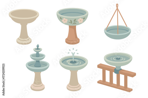 Birdbath Styles Collection. Isometric vector illustration set Birdbath Features and Styles: shallow stone birdbath on pedestal,