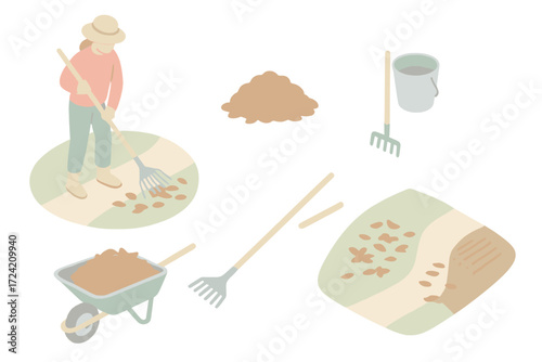 Gardening in Pastels. Isometric vector illustration set Raking in the Garden: person raking near path, leaves collected into