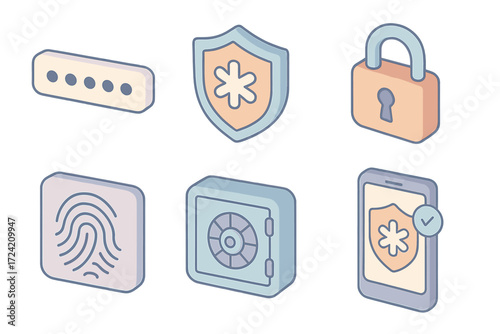 Password Security Icons. Isometric vector illustration set Password security encryption key: password input field with dots,