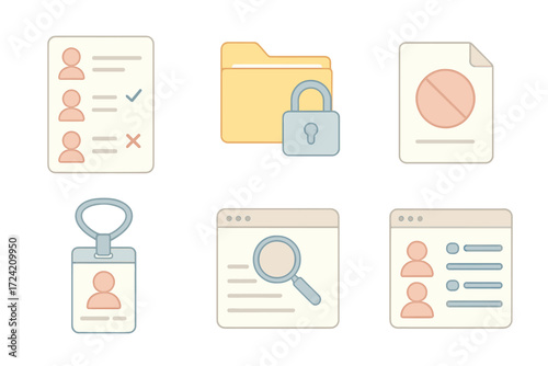 Data Access Control Icons. Isometric vector illustration set Data access control: user permission list, lock icon over folder,