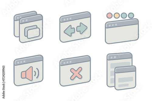 Tab Management Icons. Isometric vector illustration set Tab management tools: duplicate tab icon, move tab left or right arrows,