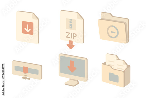 Document Download Icons. Isometric vector illustration set Document and archive downloads: PDF icon with arrow, ZIP file being