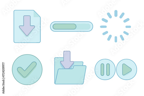 Soft Icon Set. Isometric vector illustration set Download arrow progress bar: downward arrow over document, horizontal progress