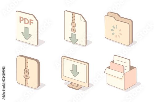 Document Download Icons. Isometric vector illustration set Document and archive downloads: PDF icon with arrow, ZIP file being