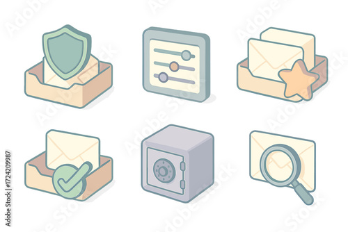 Inbox Protection Tools. Isometric vector illustration set Inbox protection tools: shield icon over inbox, auto-filter settings