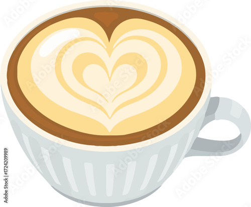White coffee cup illustration with latte art heart design isolated on transparent background. Cute und stylish cappuccino or latte icon, perfect for cafe menu design, posters, stickers, packaging.