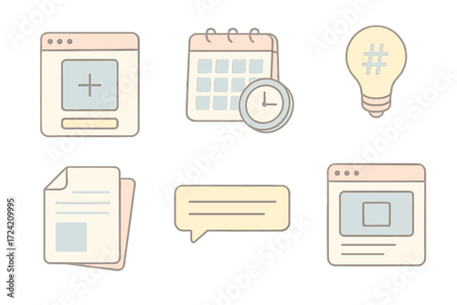 Social Media Icons. Isometric vector illustration set Social media post tools: create post icon, schedule calendar clock, hashtag