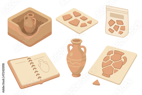 Archaeological Pottery Icons. Isometric vector illustration set Archaeological pottery finds: amphora in excavation pit, cataloged
