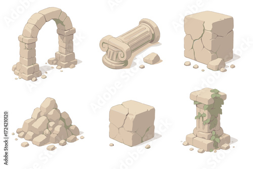 Ruins in Pastel. Isometric vector illustration set Ruins collapse stone decay: broken stone archway, fallen temple column, cracked