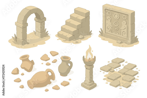 Forgotten Ruins Icon Set. Isometric vector illustration set Forgotten ruins atmosphere: stone gate half buried, broken staircase