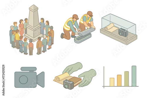 Capsule Unveiling Ceremony. Isometric vector illustration set Future unsealing event: crowd gathering around monument, workers