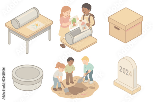 School Time Capsule Project. Isometric vector illustration set School time capsule project: classroom desk with capsule, children