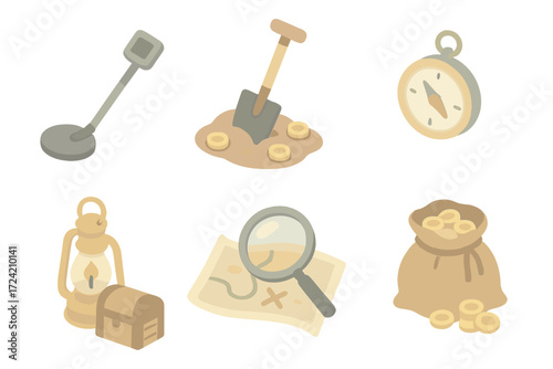 Treasure Hunting Icons. Isometric vector illustration set Treasure hunting tools: metal detector icon, digging spade with coins,