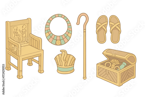 Pharaoh's Treasures Icons. Isometric vector illustration set Pharaoh’s burial treasures: golden throne, jeweled necklace, ritual