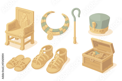 Pharaoh's Treasures Icons. Isometric vector illustration set Pharaoh’s burial treasures: golden throne, jeweled necklace, ritual