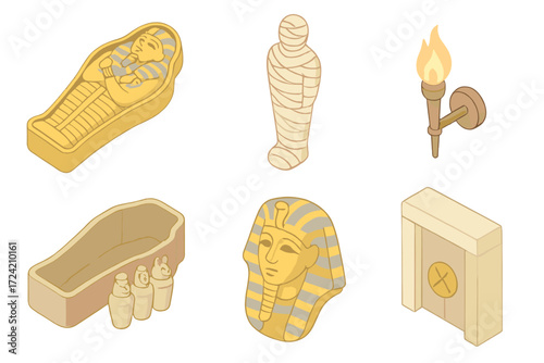 Isometric Mummy Icon Set. Isometric vector illustration set Sarcophagus mummy burial ceremony: ornate sarcophagus lid, wrapped
