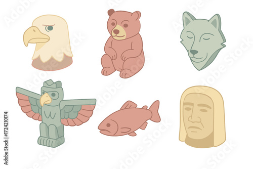 Totem Symbol Icons. Isometric vector illustration set Totem pole cultural symbols: eagle head carving, bear figure, wolf spirit,