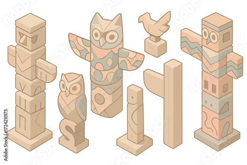 Modern Totem Art. Isometric vector illustration set Totem pole cultural symbols: eagle head carving, bear figure, wolf spirit,