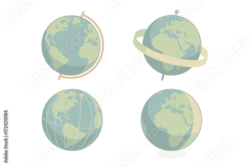 Geographic Globe Illustration. Isometric vector illustration set globe spin axis geography: sphere earth geography tilt, north